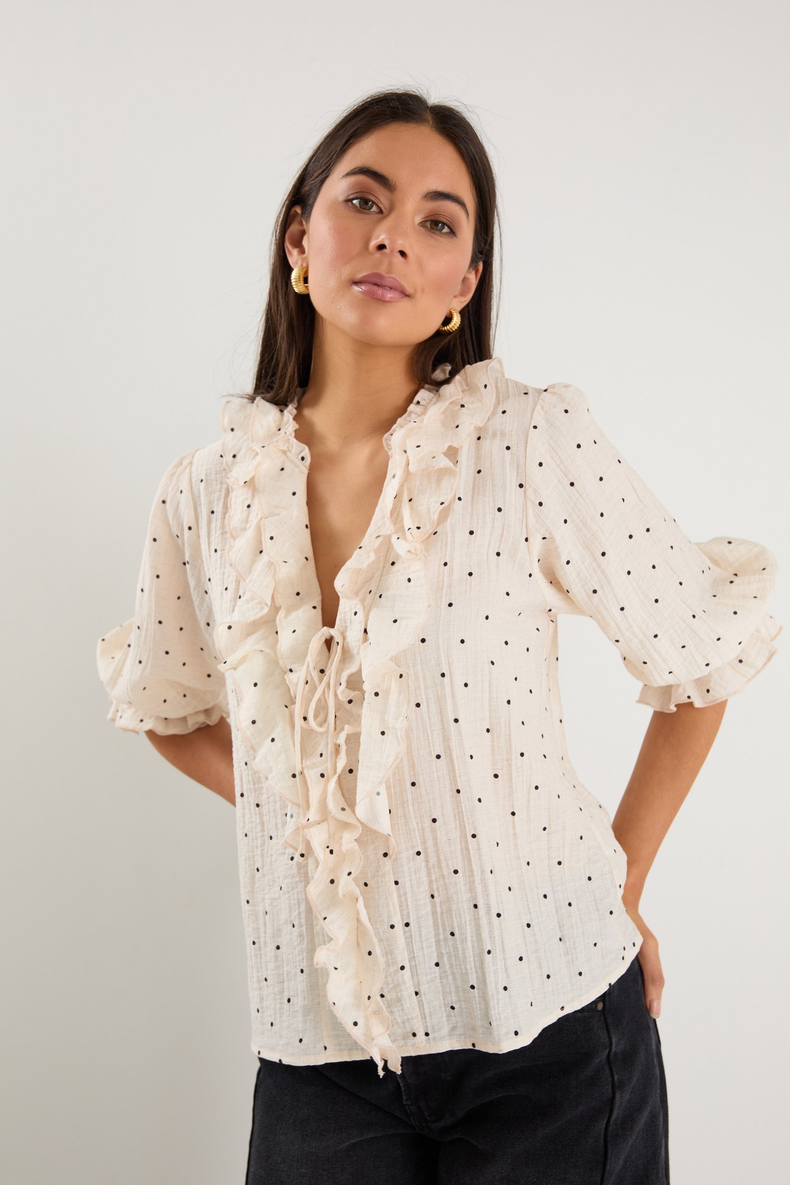 Shop Garnish Cream Black Polka Dot Frill Front Mid Sleeve Top | Flo &