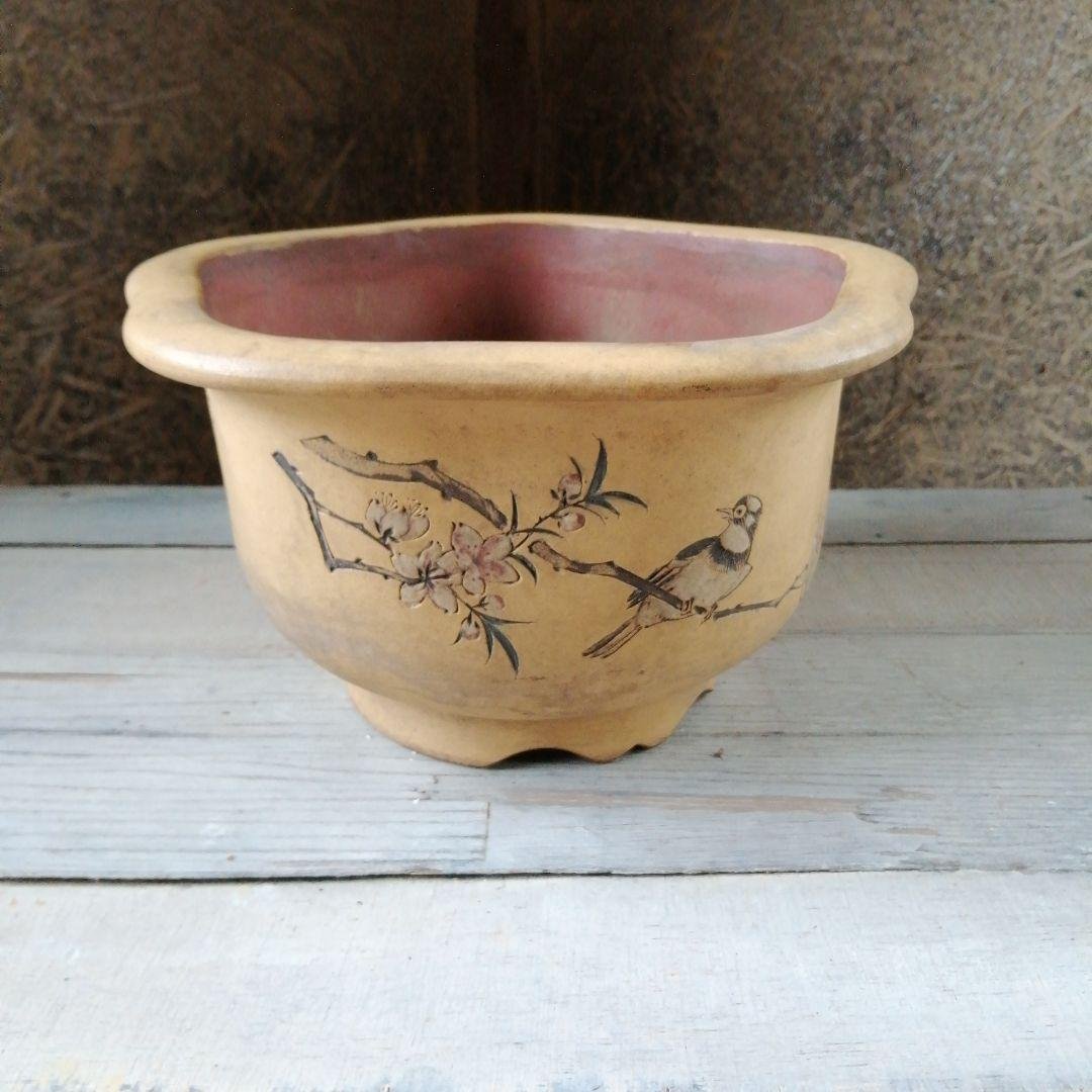 中国　花鳥漢詩彫盆栽鉢　 26cm 中国古盆器】中国宜興 紫砂 朱泥外縁長方盆栽鉢 釘彫