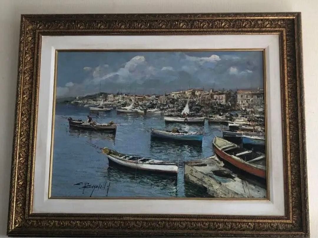 Ciro Canzanella 港の風景 油彩画 港の風景 水彩画 金色フレーム付き F6サイズ 港の風景 水彩画 金色